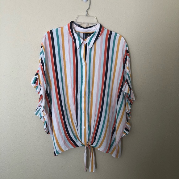 a.n.a Tops - A.n.a Stripped Ruffle Dolman front tie button down